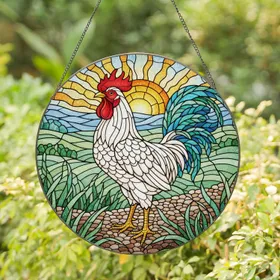 White Rooster Stained Glass Art - Tiffany Style Jewel Tone Iridescent Sunrise Landscape Stained Glass Suncatcher