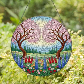 Stained Glass Cherry Blossom Trees Wildflowers Mountain Landscape Tiffany Style Jewel Tones Stained Glass Suncatcher