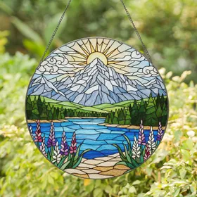 Majestic Snow-Capped Mountain Lake Forest Wildflower Tiffany Stained Glass Landscape Scene Stained Glass Suncatcher