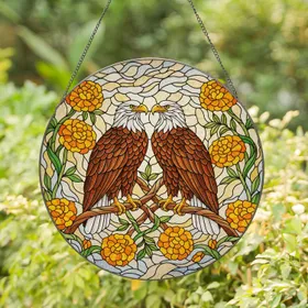 Bald Eagles Marigold Flowers Stained Glass Art - Tiffany Style Mosaic Sky Intricate Patterns Stained Glass Suncatcher
