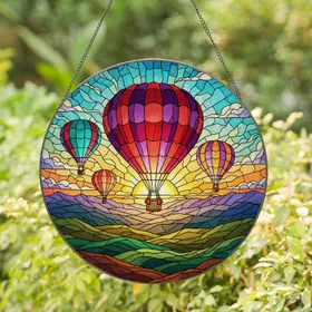Hot Air Balloon Mountains Sunset Tiffany Glass Mosaic - Colorful Jewel Tone Design Stained Glass Suncatcher