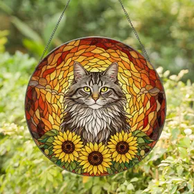 Fluffy Tabby Cat Sunflowers Stained Glass Art - Tiffany Style Mosaic Cat Lover Gift Stained Glass Suncatcher
