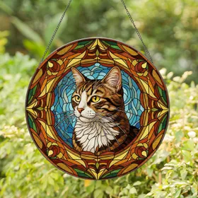 Majestic Tabby Cat Yellow Eyes Tiffany Stained Glass Style Blue Amber Gold Art Stained Glass Suncatcher