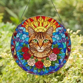Tabby Cat Stained Glass Roses - Tiffany Style Abstract Geometric Jewel Tone Art Stained Glass Suncatcher