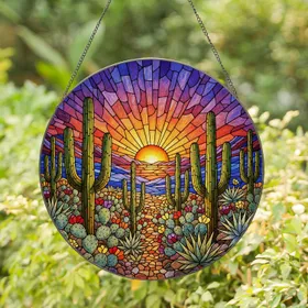 Desert Sunset Saguaro Cactus Stained Glass Tiffany Art - Jewel Tone Southwest Landscape Stained Glass Suncatcher