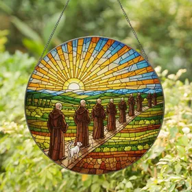 Bald Monks Pilgrims Winding Path, Stained Glass Tiffany Style Sunrise Sunset Dog Art Stained Glass Suncatcher