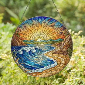 Tiffany Style Jewel Tone Stained Glass Ocean Waves Beach Sun Coastal Cliffs & Mountains Stained Glass Suncatcher