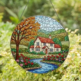 Tiffany Stained Glass Countryside House Red Roof Autumn Tree Garden River Art Stained Glass Suncatcher