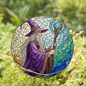 Wise Old Wizard Stained Glass Mosaic Art - Purple Hat Crystal Orb Staff Tiffany Style Stained Glass Suncatcher