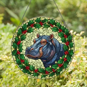 Hippo Stained Glass Holly Wreath Fairy Lights - Festive Christmas Holiday Gift for Hippo Lovers Stained Glass Suncatcher
