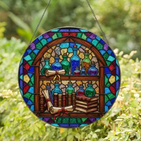 Alchemical Bottles Scrolls Bookshelf Stained Glass House - Intricate Translucent Jewel Tone Mosaic Stained Glass Suncatcher