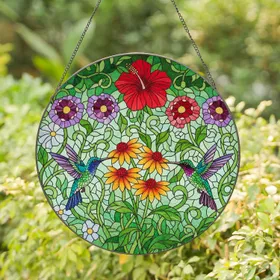Two Hummingbirds Coneflowers Hibiscus Stained Glass - Garden Decor Gift for Bird Lovers Stained Glass Suncatcher