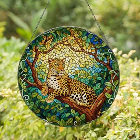 Majestic Spotted Leopard Tiffany Glass Jungle Canopy Jewel Tone Wildlife Art Stained Glass Suncatcher