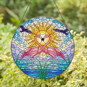 Pink Flamingos Intertwined Heart Tiffany Stained Glass Sun Water Reeds Jewel Tones Stained Glass Suncatcher