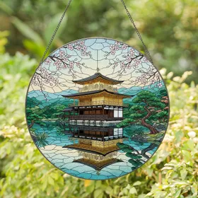 Golden Japanese Temple Cherry Blossom Stained Glass Art - Mirrored Water Garden Stained Glass Suncatcher