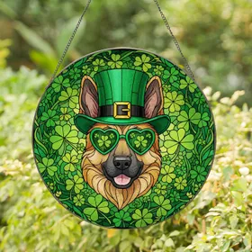 German Shepherd Dog Leprechaun Hat Shamrocks - St. Patrick's Day Irish Celebration Gift Stained Glass Suncatcher