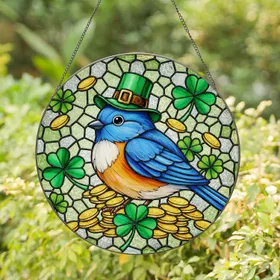 Blue Bird Leprechaun Hat, Four Leaf Clovers Gold Coins Tiffany Stained Glass Luck Stained Glass Suncatcher
