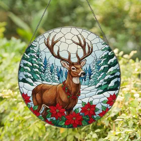 Deer Antlers Poinsettia Snowy Winter Forest - Tiffany Stained Glass Christmas Holiday Gift Stained Glass Suncatcher