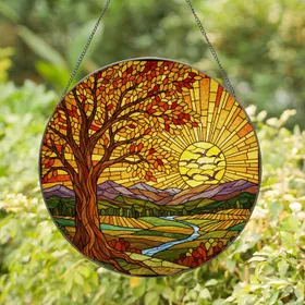 Tiffany Style Autumn Tree Radiant Sun Landscape Birds Hills Fields Rustic Path Art Stained Glass Suncatcher