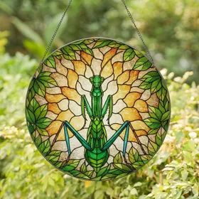 Majestic Praying Mantis Stained Glass Tiffany Style Jewel Tone Green Leaves Mosaic Art Stained Glass Suncatcher