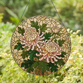 Tiffany Style Chrysanthemum Flowers - Jewel Tone Emerald Leaves & Amber Mosaic Background Stained Glass Suncatcher