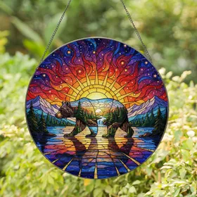 Majestic Bear Tiffany Stained Glass Landscape Cosmic Night Sky Sunset Water Mountains Stained Glass Suncatcher