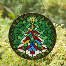 Christmas Tree Abstract Stained Glass Art - Tiffany Style Jewel Tones Holiday Decor Stained Glass Suncatcher