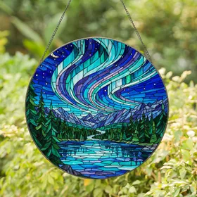 Aurora Borealis Tiffany Stained Glass Jewel Tone Mountain Lake Night Sky Forest Stained Glass Suncatcher