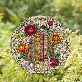 Intricate Book Spines Blooming Flowers Tiffany Stained Glass Art Colorful Jewel Tones Mosaic Stained Glass Suncatcher