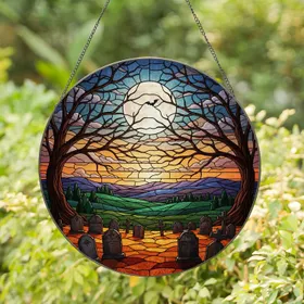 Full Moon Gnarled Trees Bat Tombstones Twilight Landscape - Spooky Halloween Home Decor Stained Glass Suncatcher