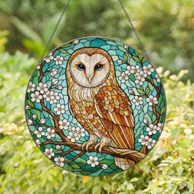 Barn Owl Cherry Blossom Stained Glass - Tiffany Forest Sky Mosaic Jewel Tones Decor Stained Glass Suncatcher