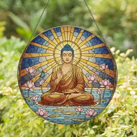 Buddha Figure Lotus Flowers Stained Glass - Tiffany Style Meditation Zen Decor Gift Stained Glass Suncatcher