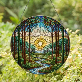 Radiant Sun Forest Clearing Stained Glass - Intricate Tiffany Jewel Tone Nature Art Stained Glass Suncatcher