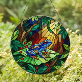 Blue Frog Red Eye Green Leaf Stained Glass - Jungle Mosaic Tiffany Jewel Tone Decor Stained Glass Suncatcher