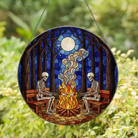 Skeletons Roasting Marshmallows Campfire - Nocturnal Forest Moon Stars Tiffany Glass Stained Glass Suncatcher
