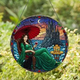 Gothic Castle Cliff Sea Twilight Moon Bat - Reclining Woman Emerald Gown Black Cat Stained Glass Suncatcher