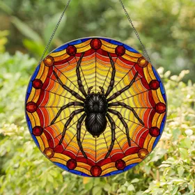 Black Tarantula Spider Stained Glass Mosaic - Intricate Spiderweb Jewel Tones Art Stained Glass Suncatcher