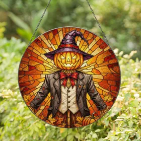 Scarecrow Jack-O'-Lantern Witch Hat Autumn Leaves Pumpkin - Fall Harvest Halloween Decor Stained Glass Suncatcher