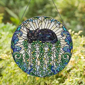 Black Cat Planter Vines Tiffany Glass Faceted - Garden Window Home Decor Gift Stained Glass Suncatcher
