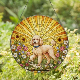 Stained Glass Poodle Wildflowers Sunburst - Tiffany Style Art Gift for Dog Lovers Stained Glass Suncatcher