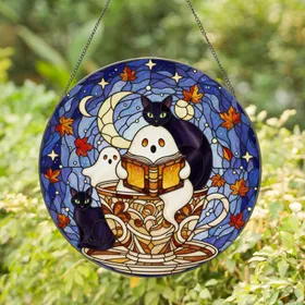 Friendly Ghost Reading Book Teacup Black Cats Moonlit Sky Intricate Stained Glass Stained Glass Suncatcher