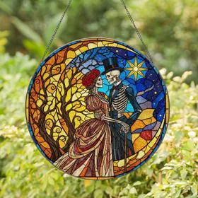 Skeleton Couple Stained Glass Art - Crescent Moon, Bare Tree & Night Sky Star Decor Stained Glass Suncatcher