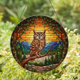 Majestic Owl Stained Glass Mosaic - Intricate Sunset Mountains Forest Jewel Tone Stained Glass Suncatcher