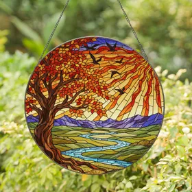 Tiffany Style Autumn Tree Sun Mountain River Landscape Jewel Tone Birds High Contrast Stained Glass Suncatcher