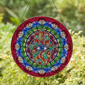 Intricate Ornate Hamsa Hand All-Seeing Eye - Tiffany Stained Glass Jewel Tone Mosaic Stained Glass Suncatcher