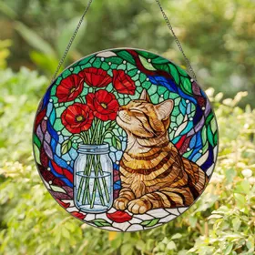Striped Tabby Cat Red Poppies Mason Jar Stained Glass Mosaic - Tiffany Style Jewel Tones Stained Glass Suncatcher