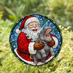 Santa Claus Baby Hippo Stained Glass Winter Snowflakes Christmas Holiday Decor Gift Stained Glass Suncatcher