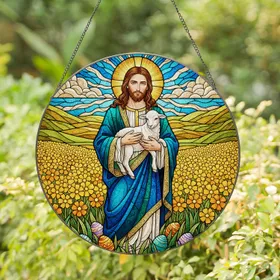 Jesus Christ Lamb Golden Halo Stained Glass Easter Eggs - Tiffany Art Religious Decor Stained Glass Suncatcher