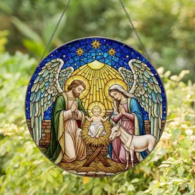 Baby Jesus Manger Nativity Stained Glass - Joseph Mary Donkey Angel Wings Golden Stars Stained Glass Suncatcher