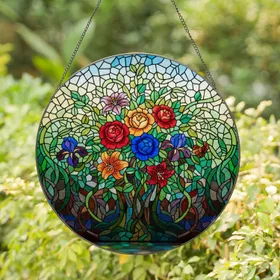 Intricate Stained Glass Floral Bouquet - Tiffany Style Glowing Jewel Tone Mosaic Art Stained Glass Suncatcher